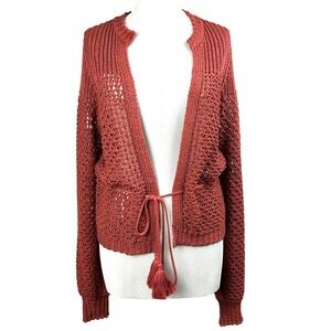 360 Sweater Italian Yarn Women's Rust Open Knit Tassel Tie Cardigan‎ Sweater S
